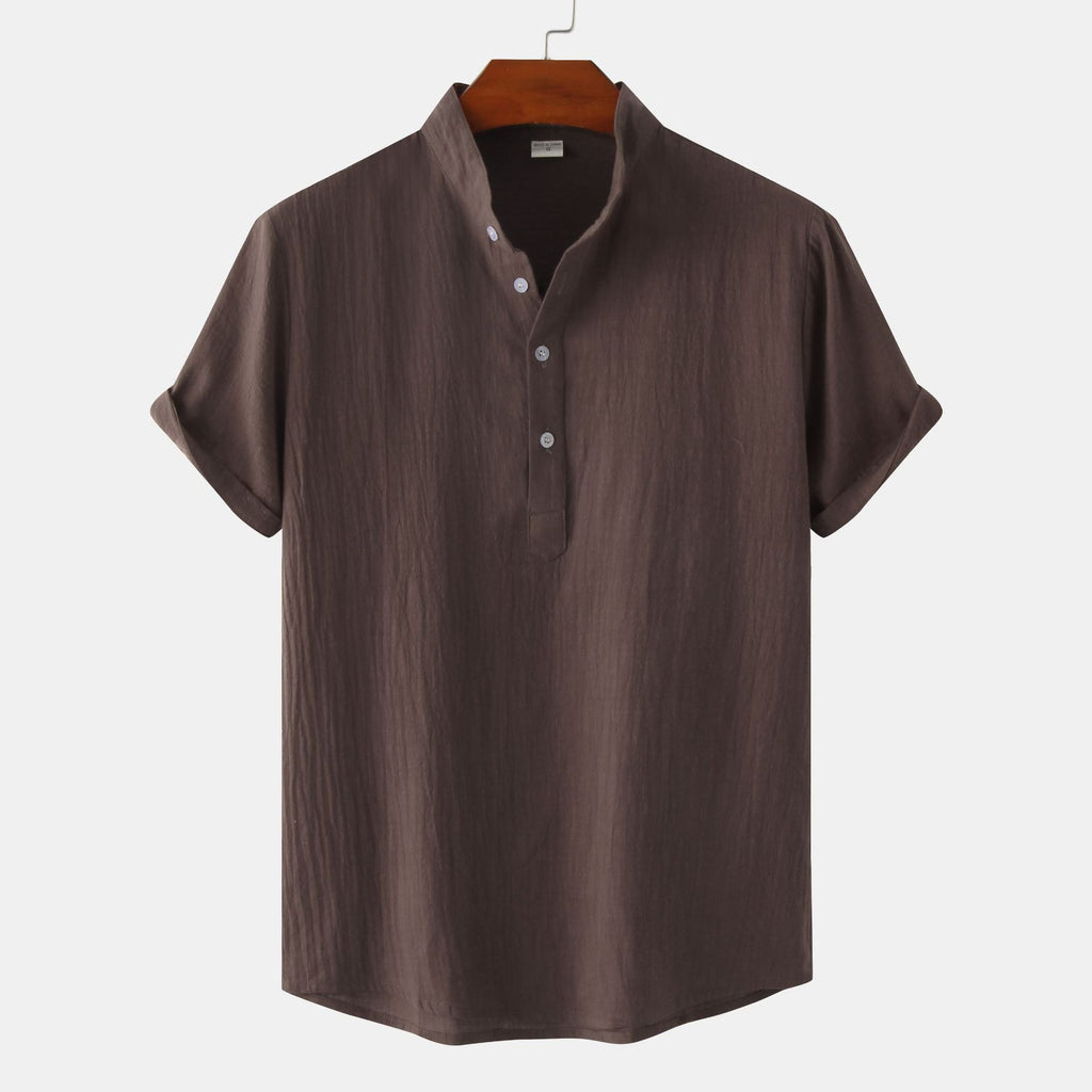 Summer Mens Cotton and Linen Standing Collar Casual Short Sleeved Shirt Beach T Shirt Shirt Mens Clothing