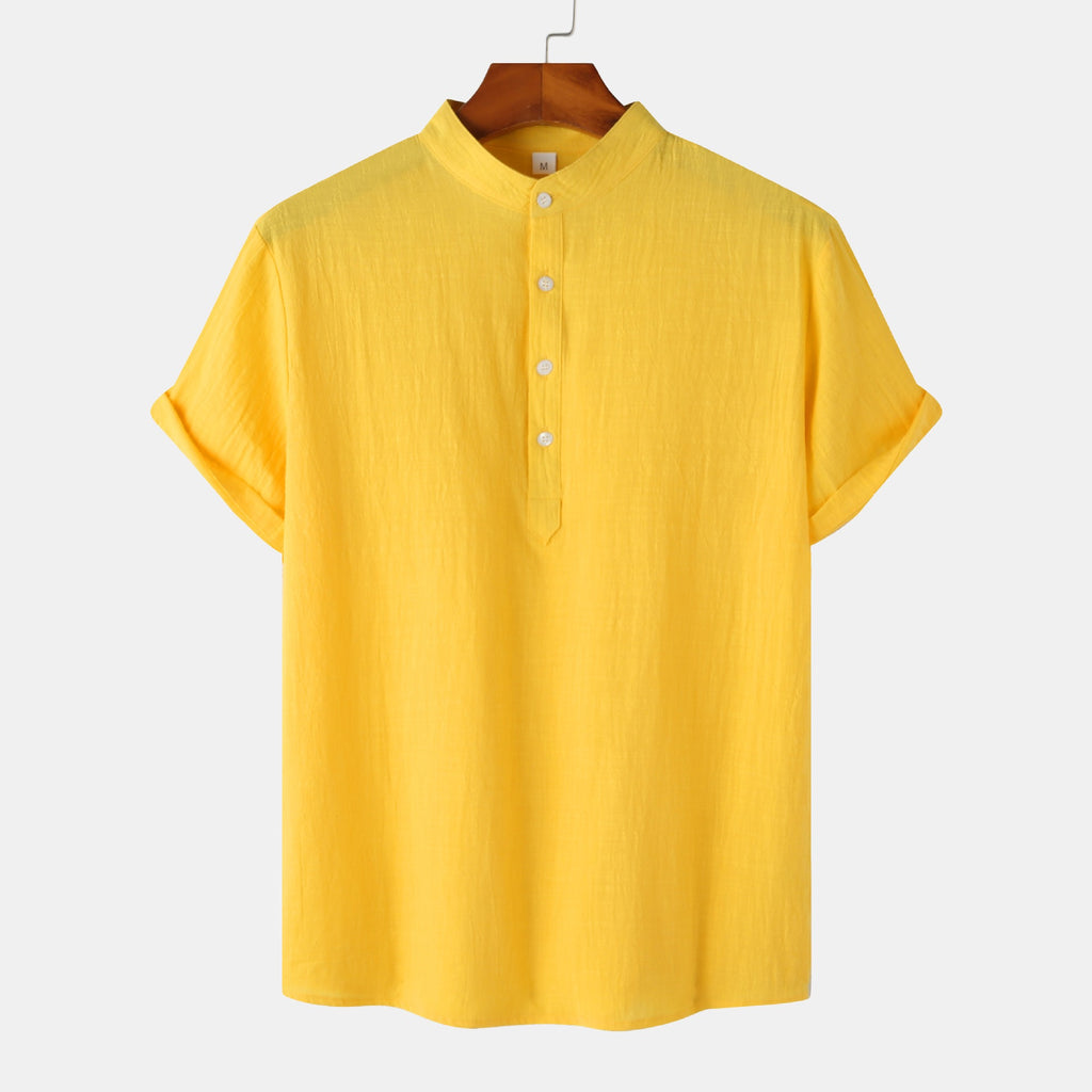 Summer Mens Cotton and Linen Standing Collar Casual Short Sleeved Shirt Beach T Shirt Shirt Mens Clothing