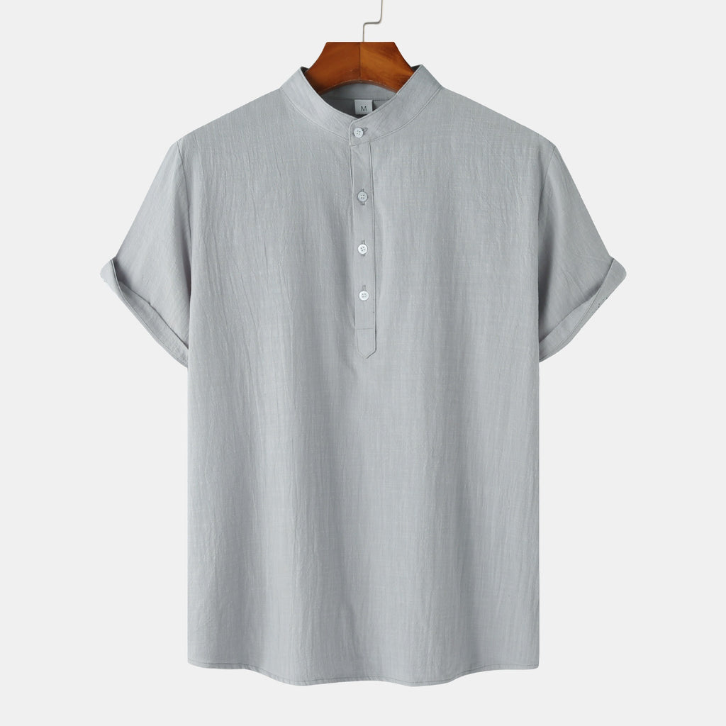 Summer Mens Cotton and Linen Standing Collar Casual Short Sleeved Shirt Beach T Shirt Shirt Mens Clothing