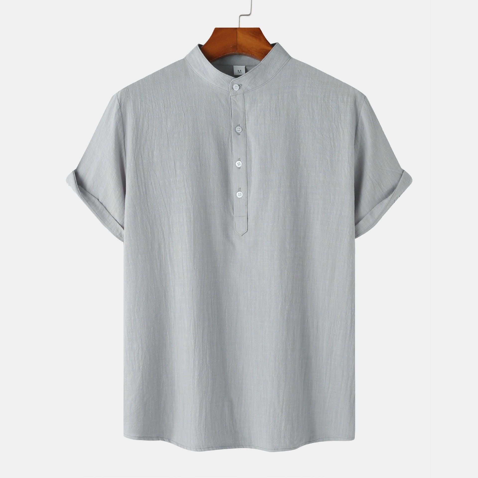 Summer Mens Cotton and Linen Standing Collar Casual Short Sleeved Shirt Beach T Shirt Shirt Mens Clothing