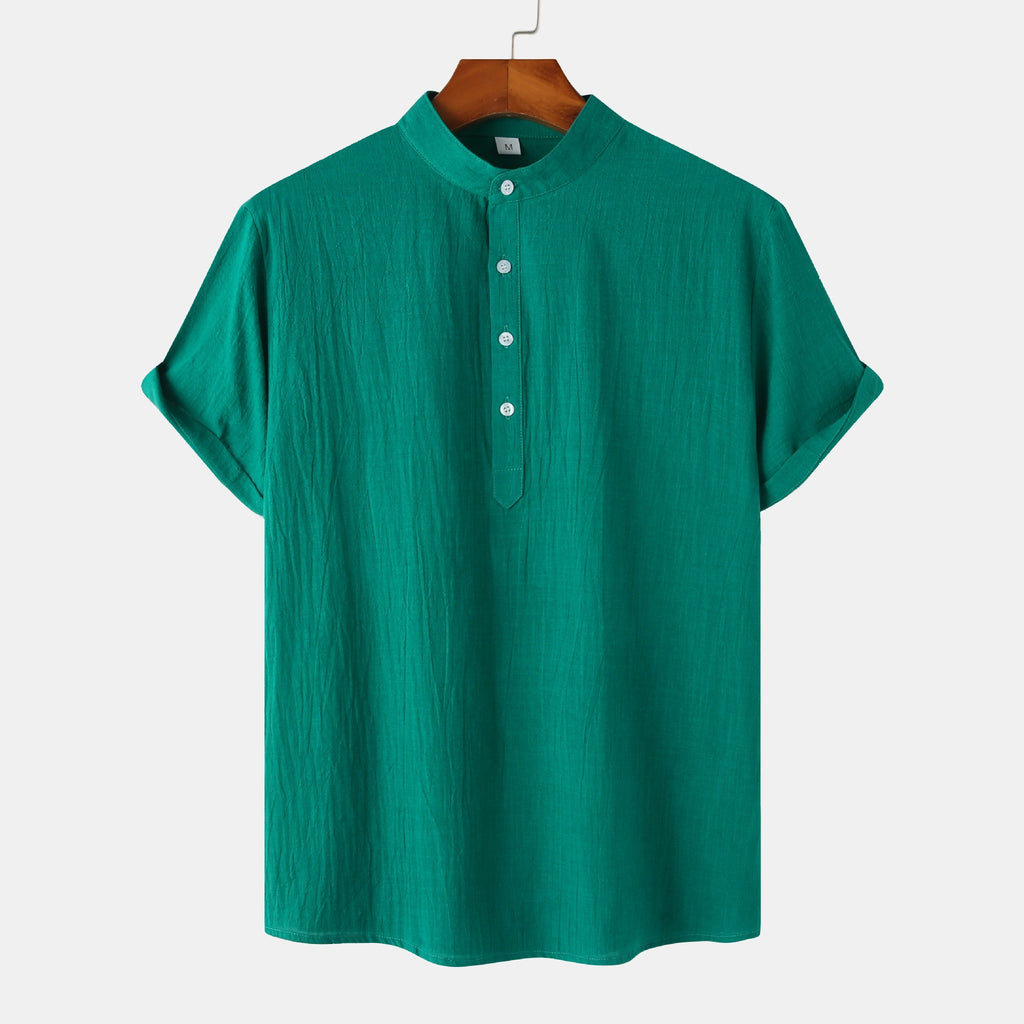Summer Mens Cotton and Linen Standing Collar Casual Short Sleeved Shirt Beach T Shirt Shirt Mens Clothing