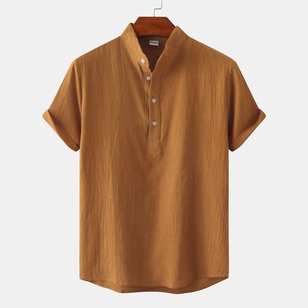 Summer Mens Cotton and Linen Standing Collar Casual Short Sleeved Shirt Beach T Shirt Shirt Mens Clothing