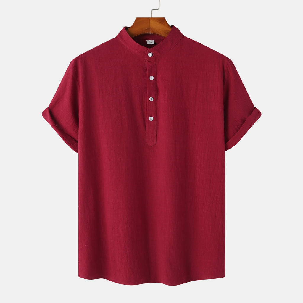 Summer Mens Cotton and Linen Standing Collar Casual Short Sleeved Shirt Beach T Shirt Shirt Mens Clothing
