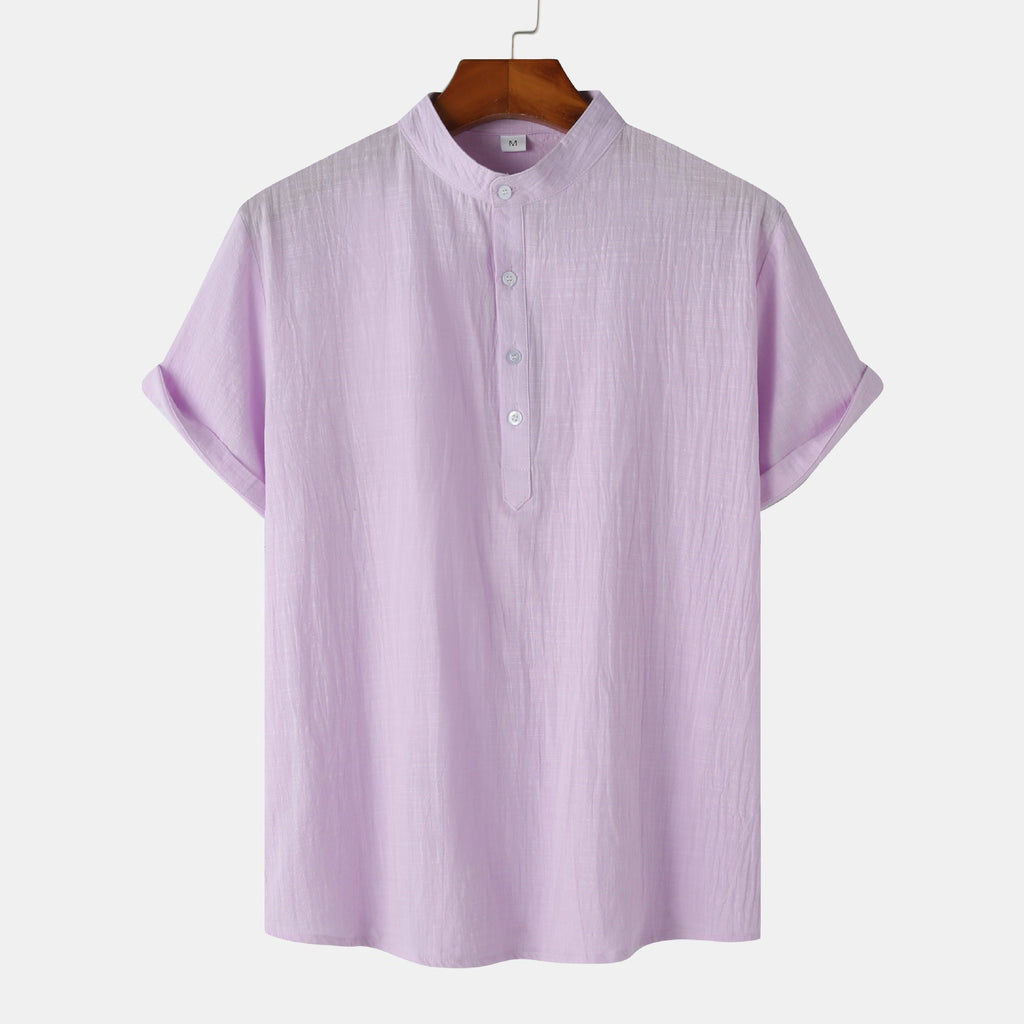 Summer Mens Cotton and Linen Standing Collar Casual Short Sleeved Shirt Beach T Shirt Shirt Mens Clothing