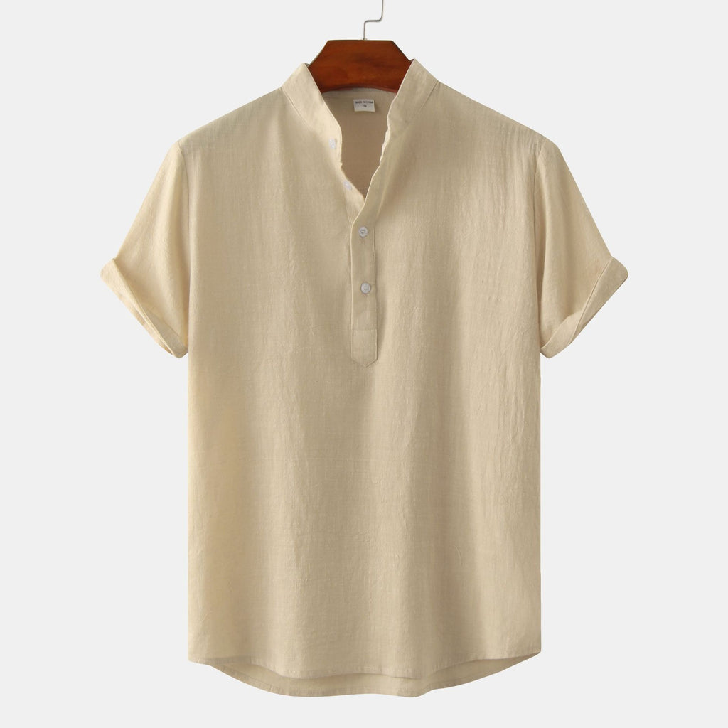 Summer Mens Cotton and Linen Standing Collar Casual Short Sleeved Shirt Beach T Shirt Shirt Mens Clothing