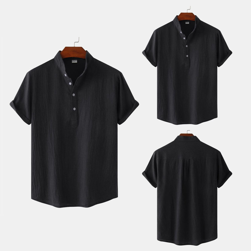 Summer Mens Cotton and Linen Standing Collar Casual Short Sleeved Shirt Beach T Shirt Shirt Mens Clothing