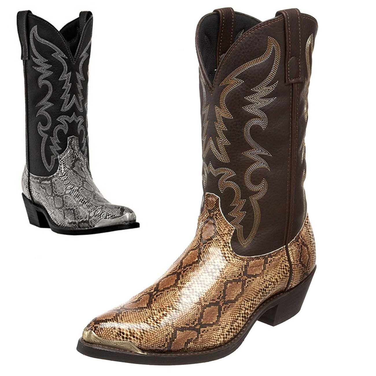 Western Cowboy Boot Lovers Casual Mens Leather Shoes Casual Shoes High Heels Iron Head Mens and Womens Printed Snake Pattern