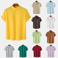 Summer Mens Cotton and Linen Standing Collar Casual Short Sleeved Shirt Beach T Shirt Shirt Mens Clothing