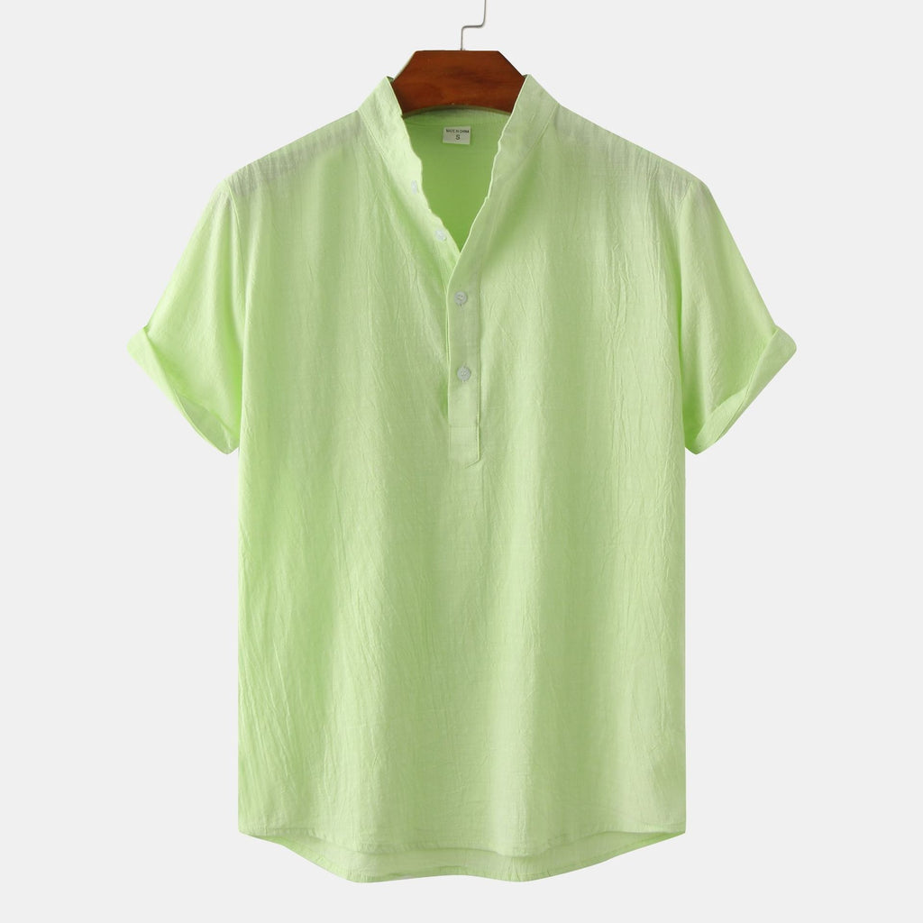 Summer Mens Cotton and Linen Standing Collar Casual Short Sleeved Shirt Beach T Shirt Shirt Mens Clothing
