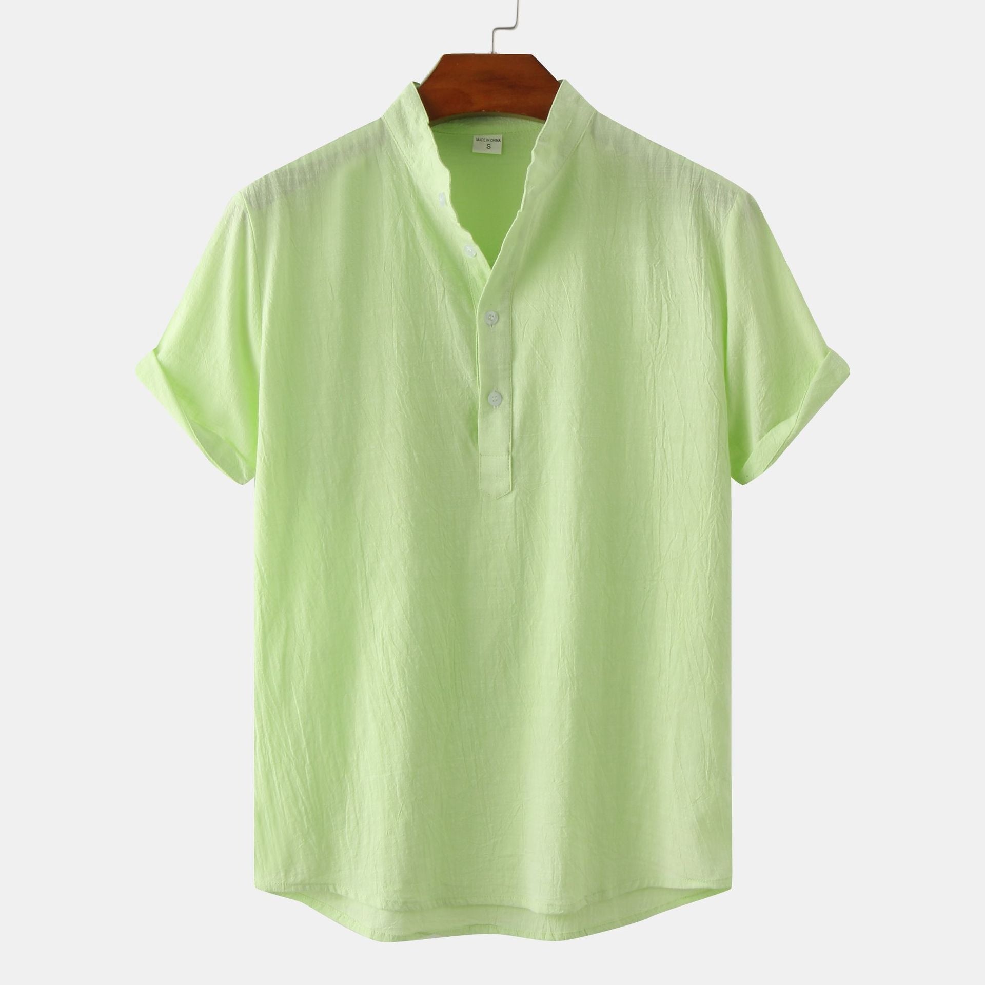 Summer Mens Cotton and Linen Standing Collar Casual Short Sleeved Shirt Beach T Shirt Shirt Mens Clothing